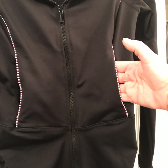 Bebe Sport Black Jacket with White Collar Pink & Black Stripes Ruched Bottom - Picture 7 of 10